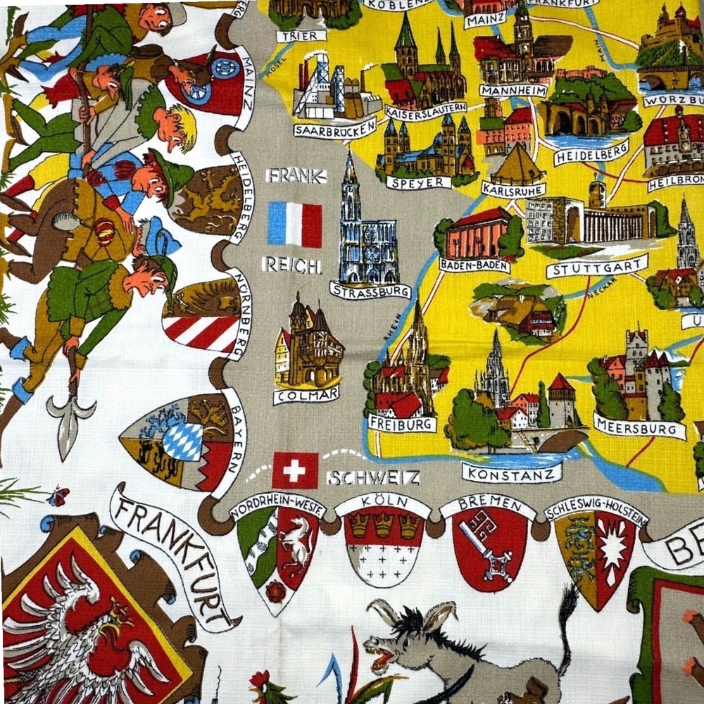 Vtg 50s Germany Souvenir Map Tea Towel Illustrated Cities Coats of Arms‎ 62"x48"